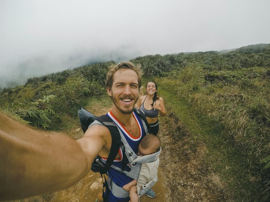 A selfie on a foggy trail